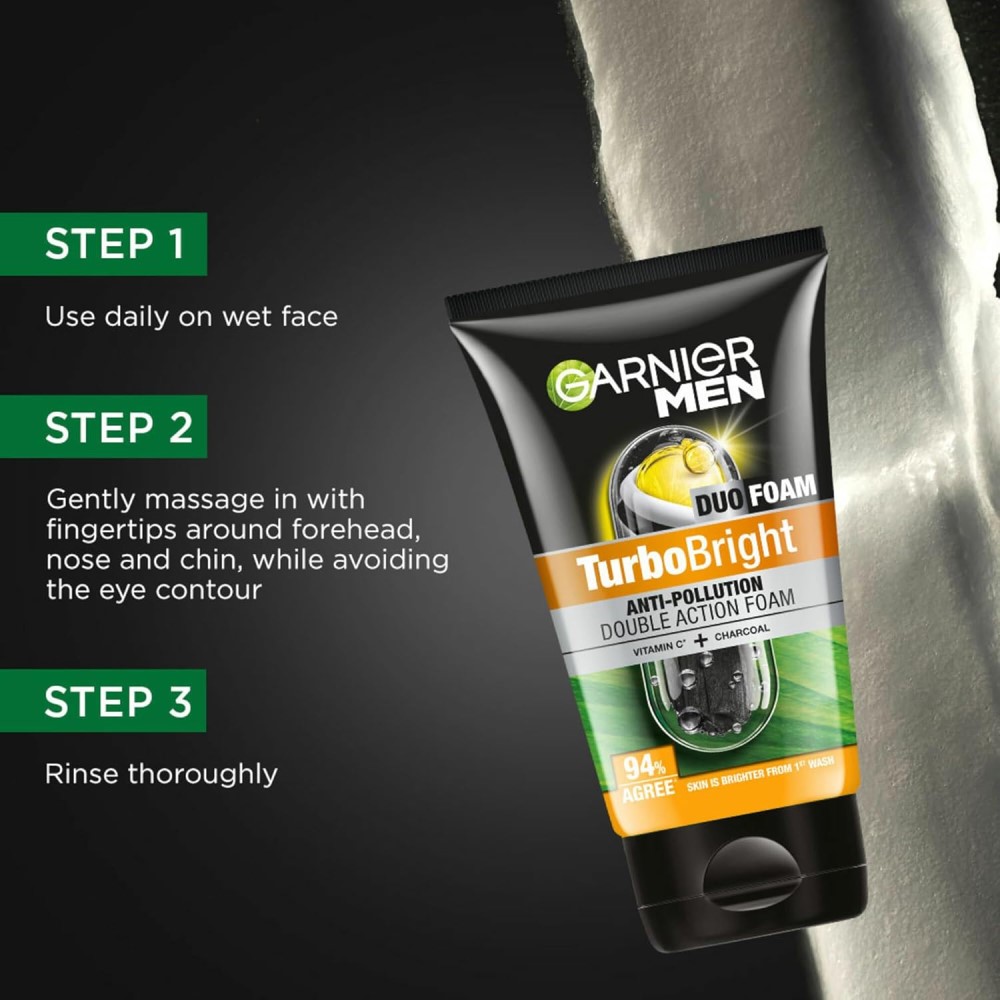Garnier Men Turbo Bright Anti-Pollution Double Action Black Charcoal Vitamin C Face Wash-100gm