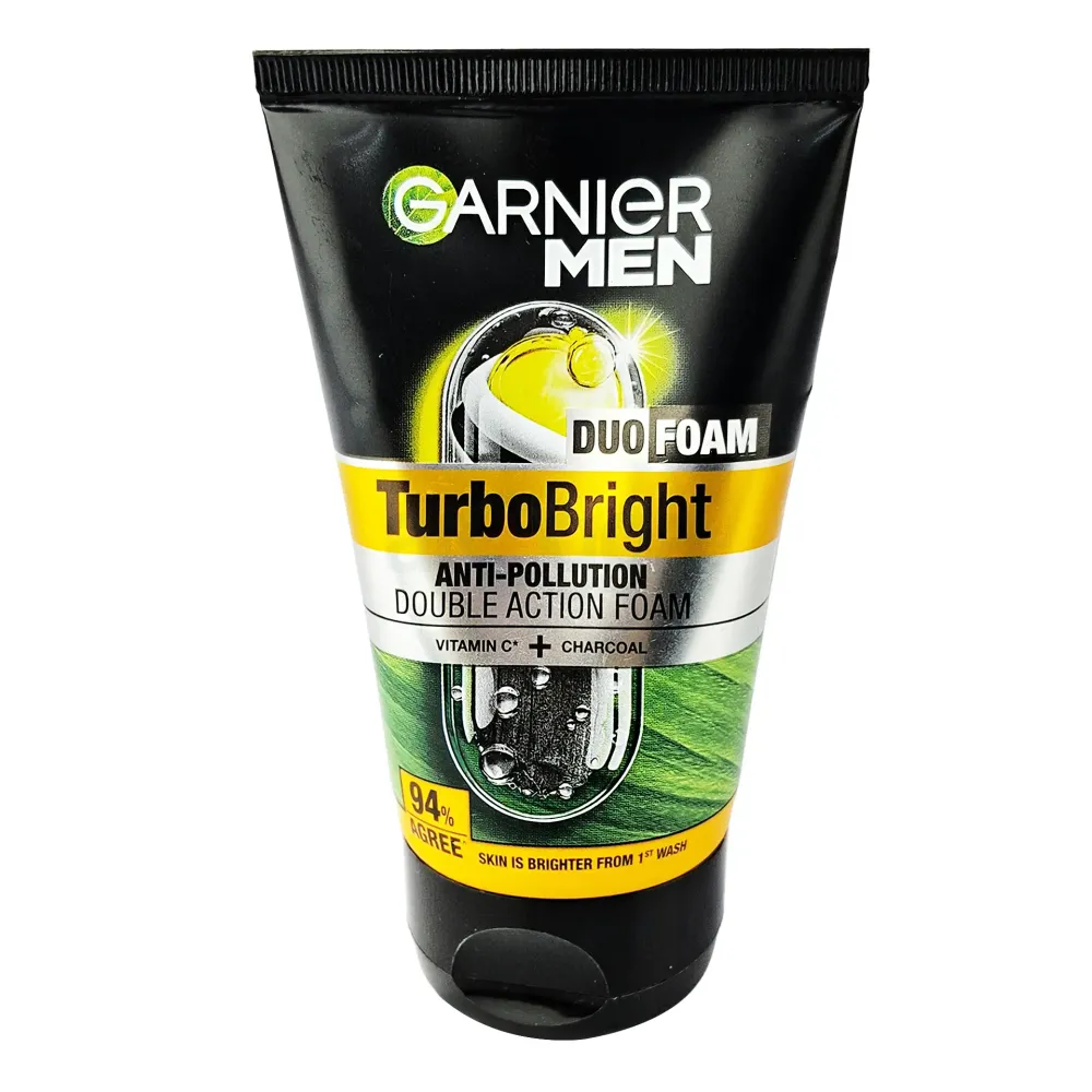 Garnier Men Turbo Bright Anti-Pollution Double Action Black Charcoal Vitamin C Face Wash-100gm
