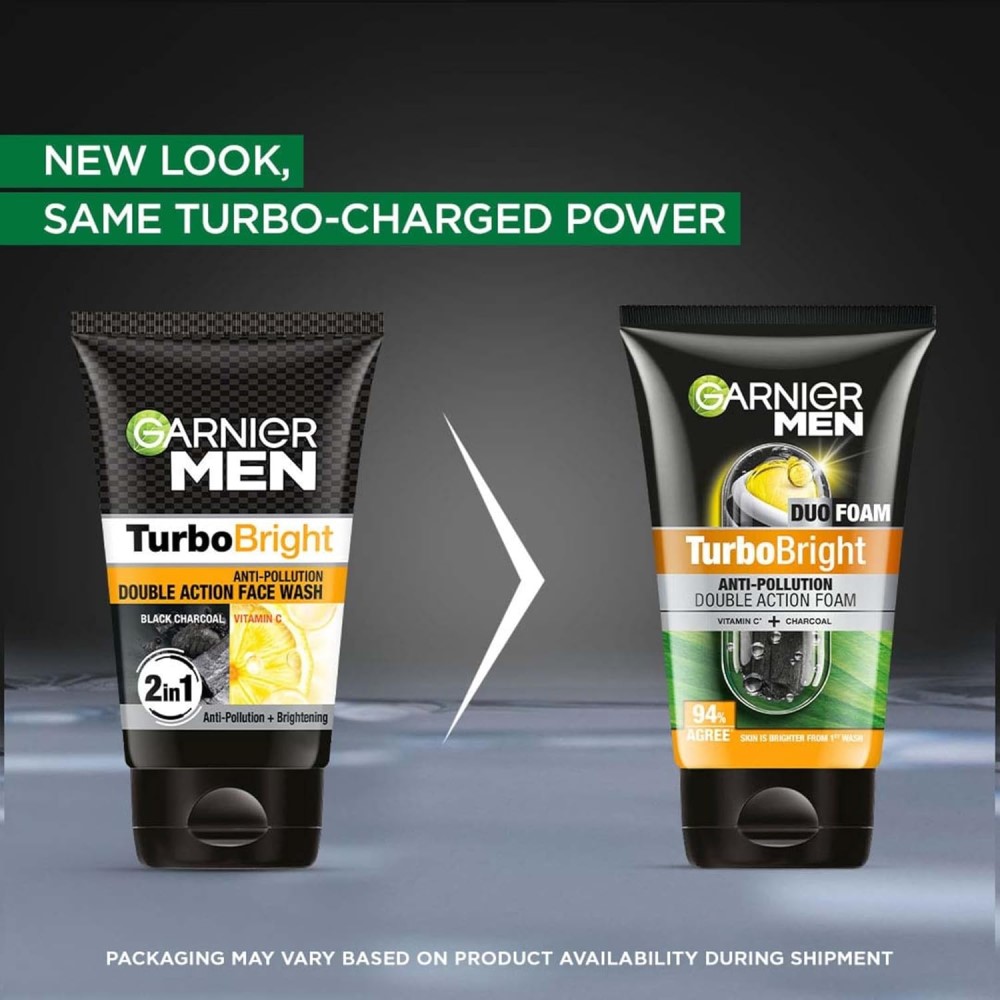 Garnier Men Turbo Bright Anti-Pollution Double Action Black Charcoal Vitamin C Face Wash-100gm