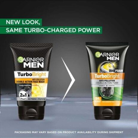 Garnier Men Turbo Bright Anti-Pollution Double Action Black Charcoal Vitamin C Face Wash-100gm